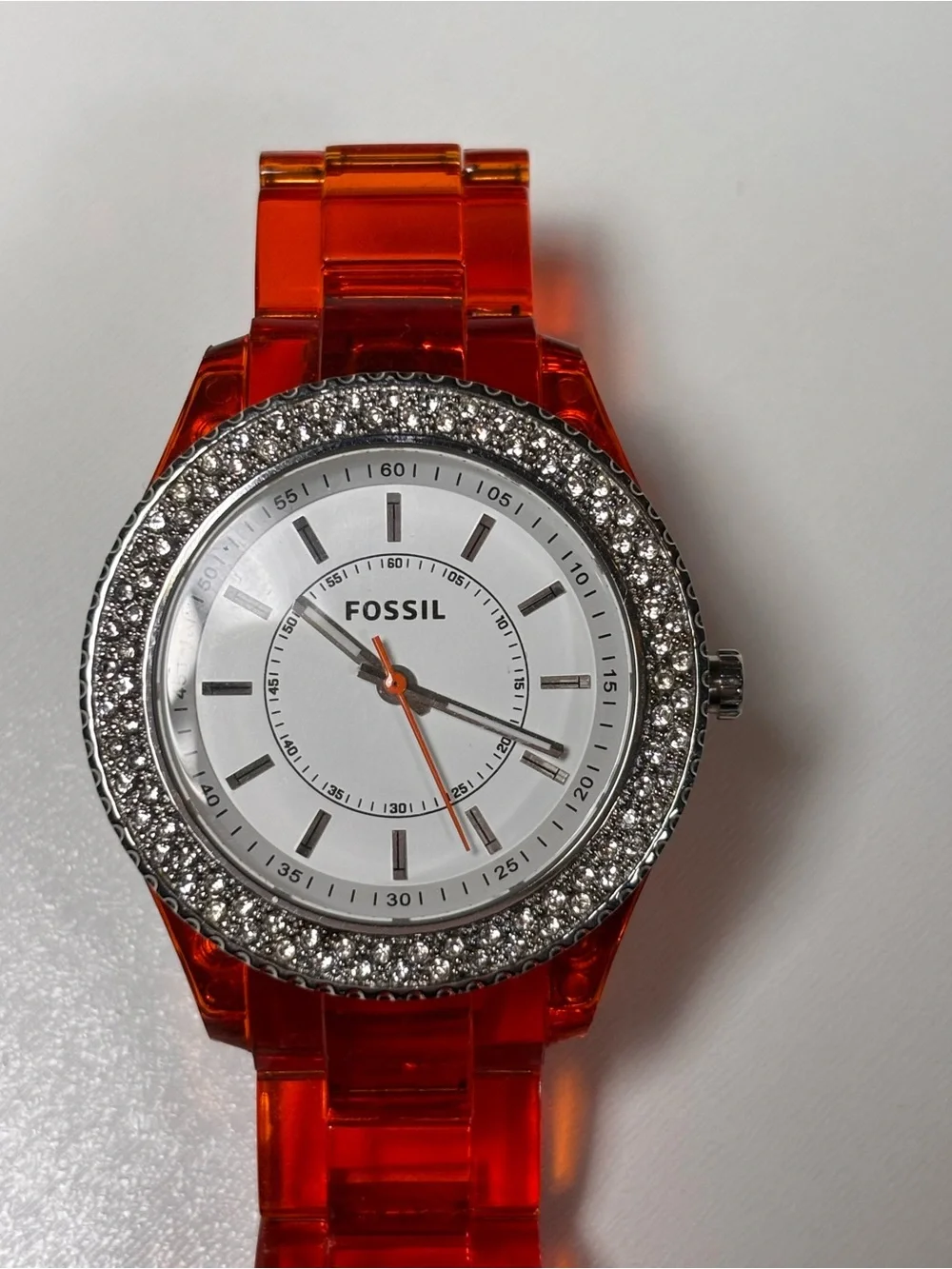 Fossil Stella Orange Red Acrylic Rhinestone Bezel Quartz Watch ES2453